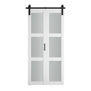 40 in. W. x 84 in. 3-lite Frosted Glass Prefinished White MDF Bi-Fold Barn Door with Sliding Hardware kit