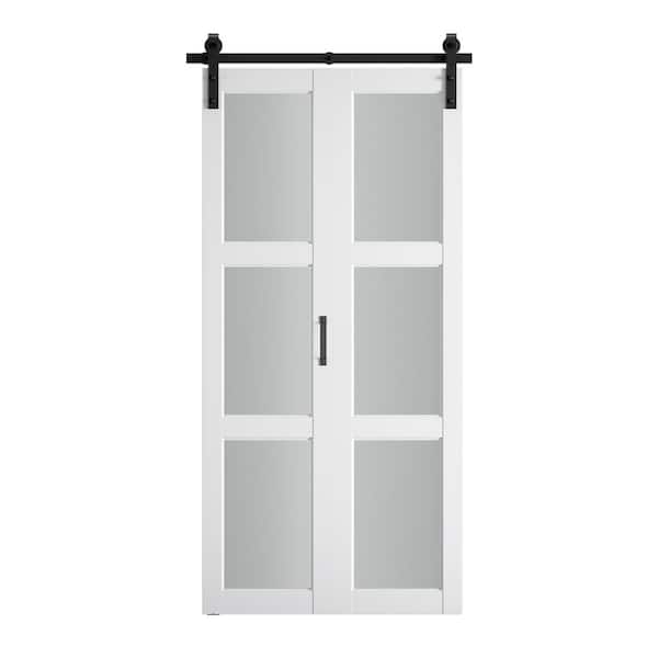 SOCBAZZAR 30 in. x 84 in. 3-lite Frosted Glass Prefinished White MDF Bi-Fold Sliding Barn Door with Hardware Kit
