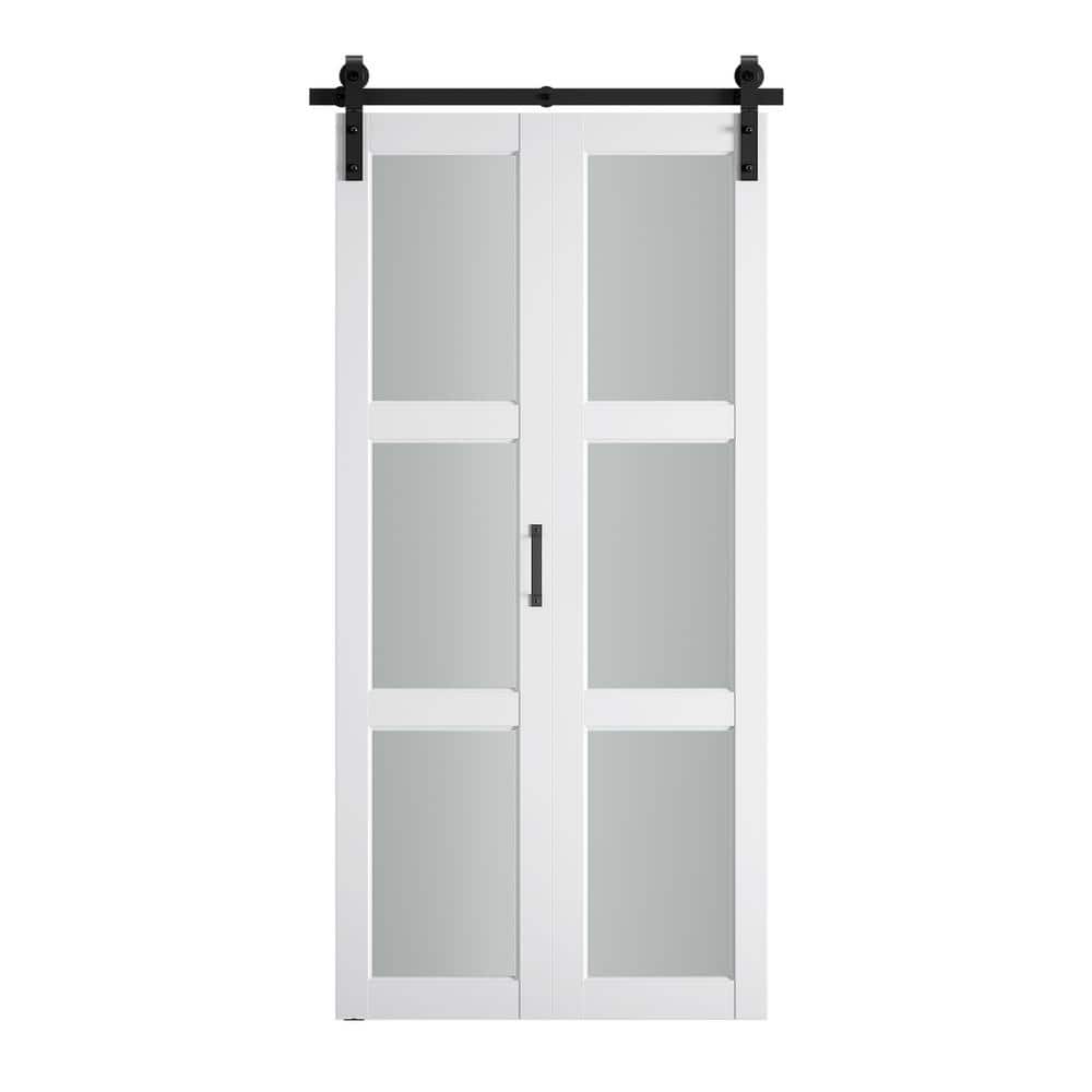 32 in. W. x 84 in. 3-lite Frosted Glass Prefinished White MDF Bi-Fold Barn 