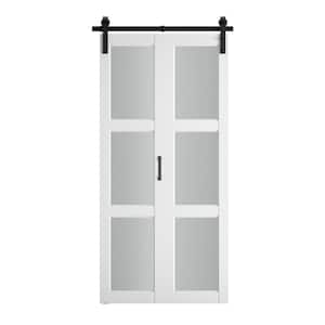 32 in. W. x 84 in. 3-lite Frosted Glass Prefinished White MDF Bi-Fold Barn Door with Sliding Hardware kit