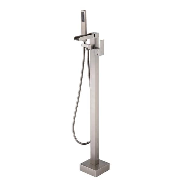 WELLFOR Single Handle Freestanding Bathtub Faucet with Waterfall Outlet Tub Filler and Hand Shower in Brushed Nickel