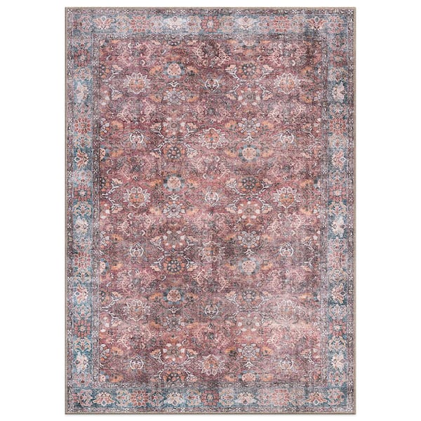 Amber Multi 5 ft. x 7 ft. Transitional Bordered Vintage Machine Washable Non Slip Area Rug