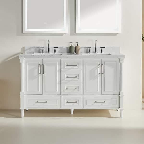 60 in. Freestanding White Bath Vanity with White Marble Top and Bathroom Drawer Storage Cabinet Assembled