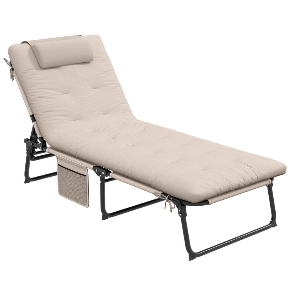 Metal Outdoor Folding Chaise Lounge with 4-level Reclining Back, Beige Cush