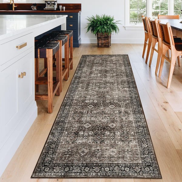 Traditional Floral Rug Low Pile Non Slip Thin Carpet Soft Foldable Indoor Carpet for Bedroom Office Brown，2X6ft