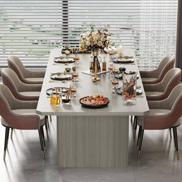 FUFU&GAGA Grey Oak Wood 118.1 in. Width Rectangle Pedestal Base Dining Table for 6-10