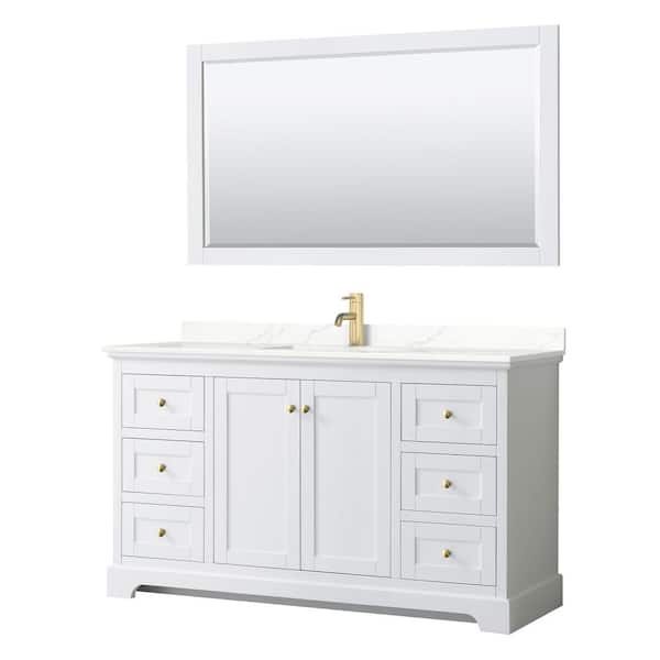 Wyndham Collection Avery 60 in. W x 22 in. D x 35 in. H Single Bath Vanity in White with Giotto Quartz Top and 58 in. Mirror