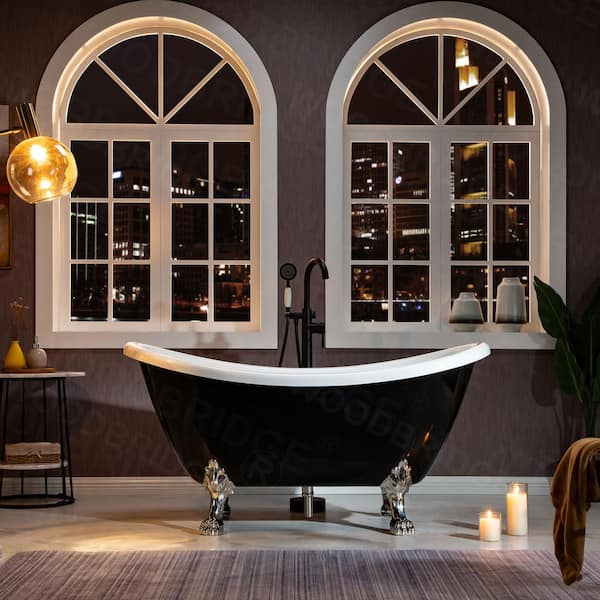 WOODBRIDGE Eurek 59" Heavy Duty Acrylic Double Slipper Clawfoot Bath Tub in Black,Claw Feet,Drain and Overflow in Brushed Nickel