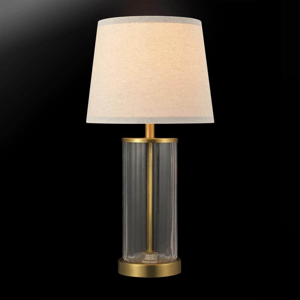 20" Clear Glass Table Lamp with Matte Brass Accents and Off-White Linen Shade