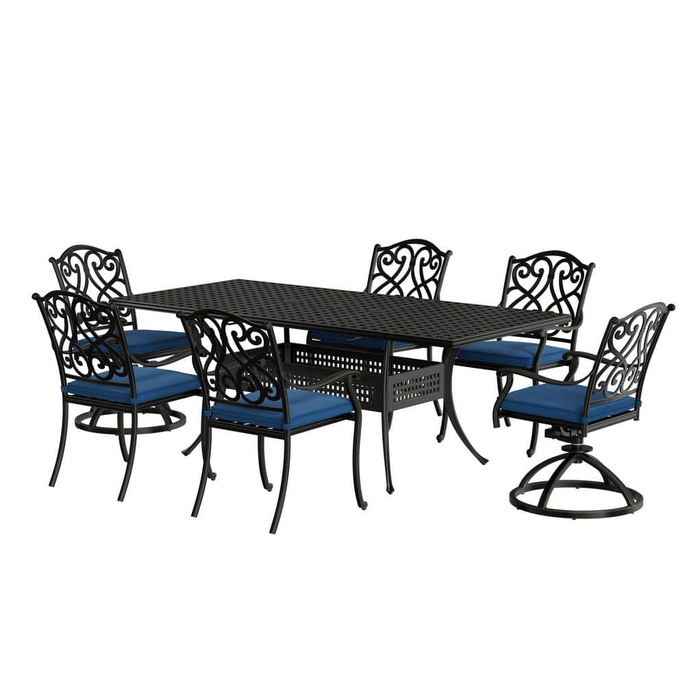 Black Cast Aluminum 6-Person Outdoor Dining Set with Blue Cushions