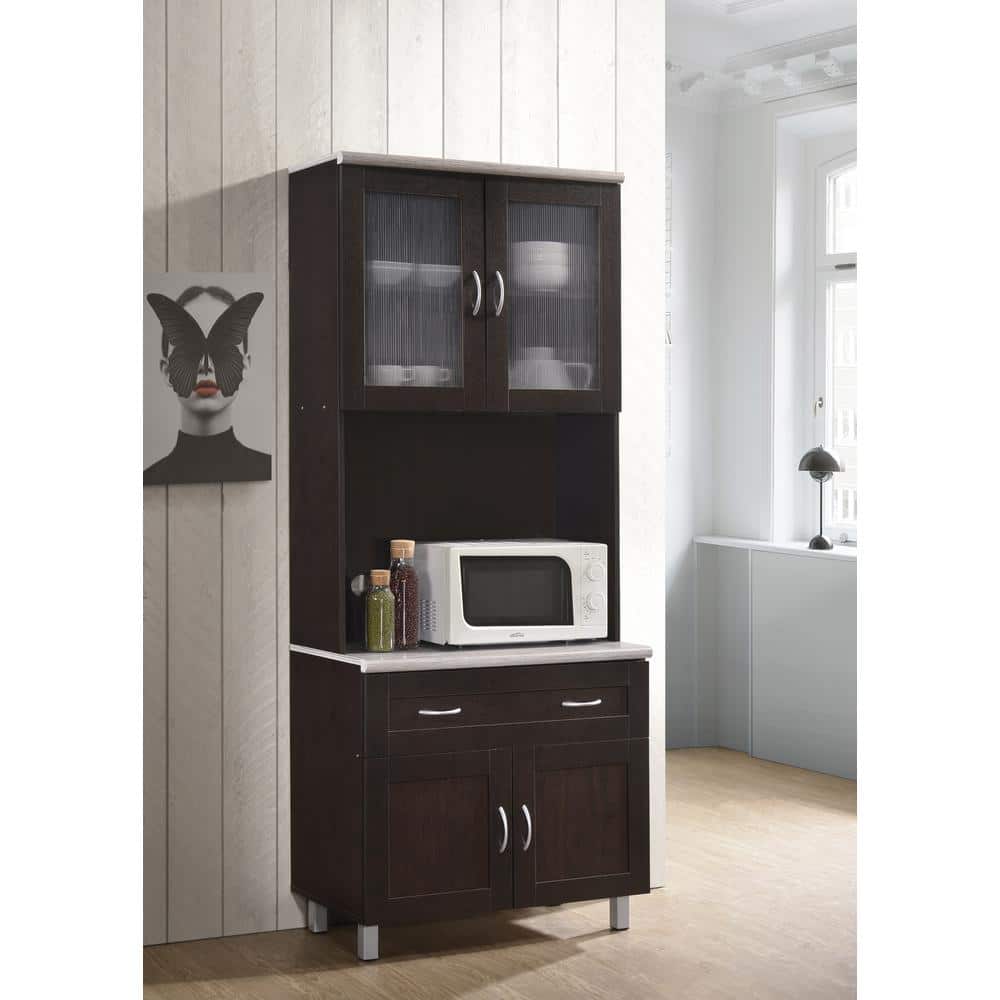 Cherry Red Elegant Kitchen Storage Cabinet with Microwave Shelf