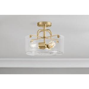 Shirwell 13.5 in. 3-Light Brushed Gold Round Semi-Flush Mount, Modern Ceiling Light with Clear Glass Drum Shade