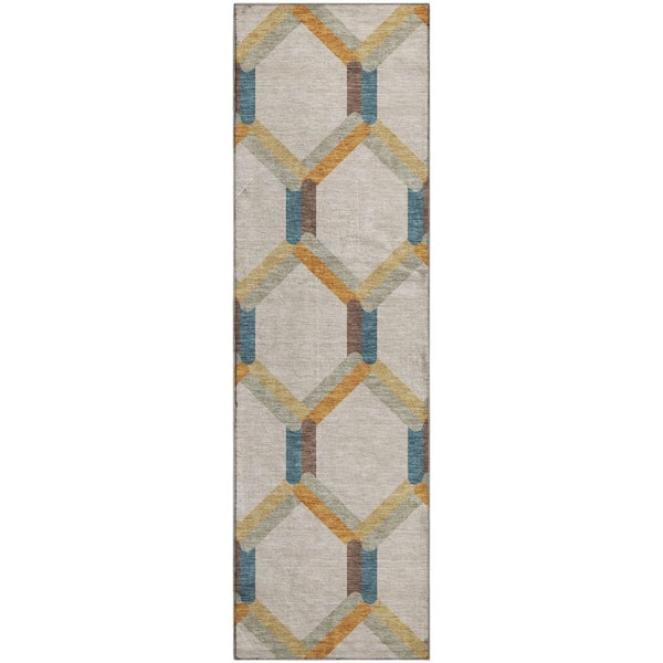 Mayfield Premium Machine Washable Abstract AMF2343 Beige 2 ft. x 7 ft. Runner Rug
