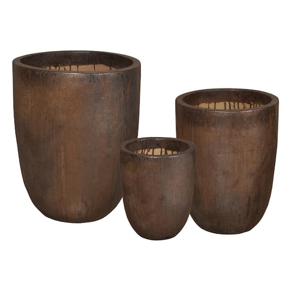20in., 29in., 33.5in. H Metallic Ceramic Round Planters with Drainage holes (Set of 3)