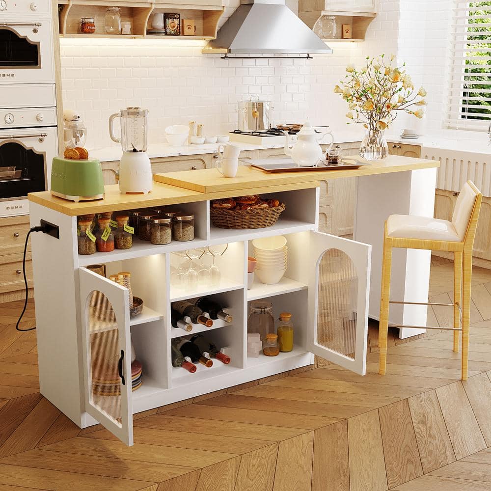 White 55 in. W Farmhouse Counter Height Sideboard with Extendable Tabletop, Wine Rack, LED Lighting and Power Outlet