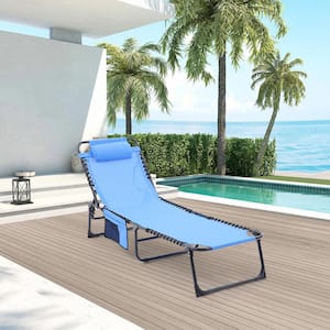 2-Piece Black Metal Outdoor Adjustable and Reclining Tanning Chaise Lounge with Blue Seat, Pillow and Side Pocket