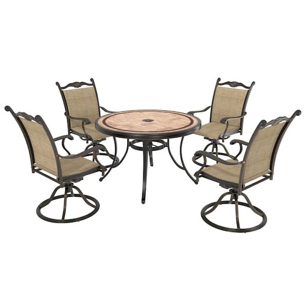 Mondawe 5-Piece Cast Aluminum Outdoor Dining Set with Round Tile-Top Table and 360 Degrees Textilene Swivel Chairs