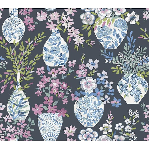 A-Street Prints Harper Purple Charcoal Floral Vase Matte Non Woven Wallpaper Sample