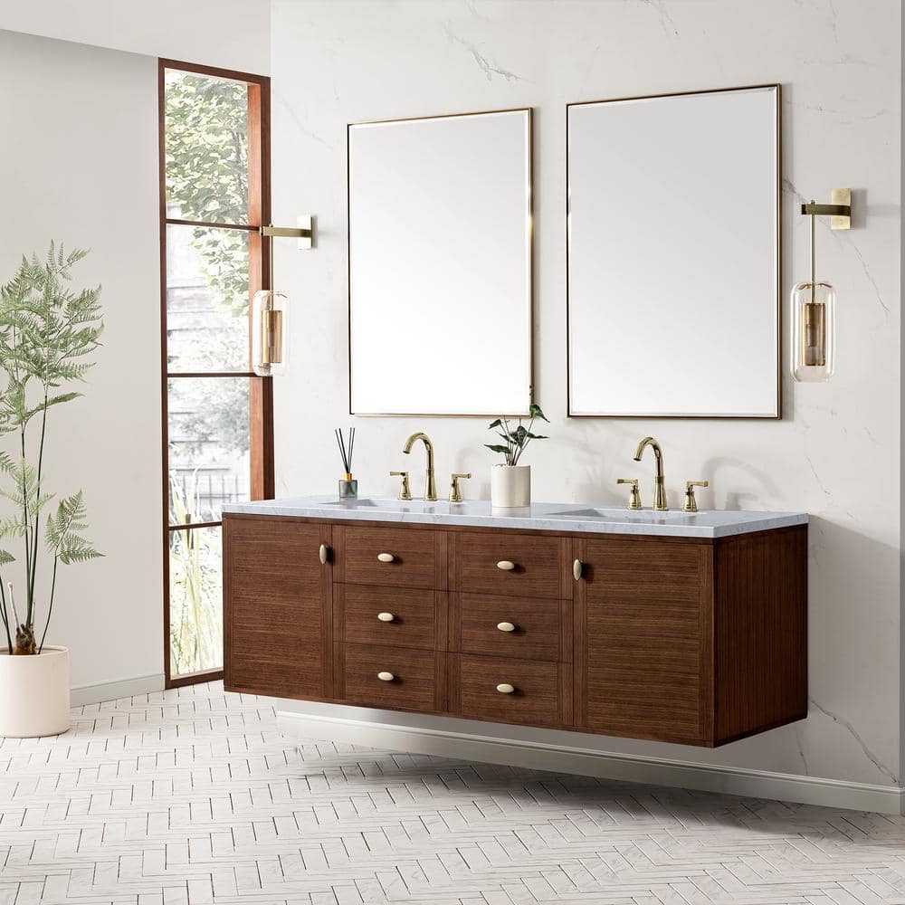Amberly 72-Inch Walnut Double Vanity Base Cabinet with Brass Knobs