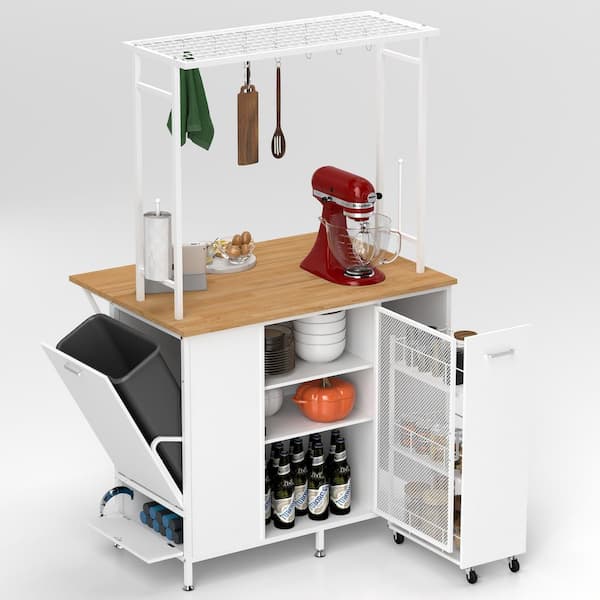 Tileon Kitchen Island with Storage Space, Breakfast Bar with Folding Flip-Up Panel, Large Storage Cabinet Shelves in White