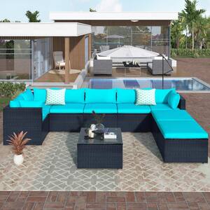 9-Piece Black Wicker Outdoor Sectional Set with Blue Cushions