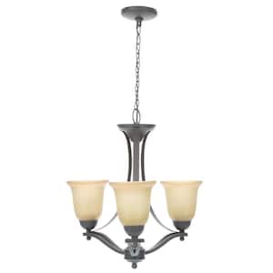 3-Light Rustic Iron Chandelier with Antique Ivory Glass Shades