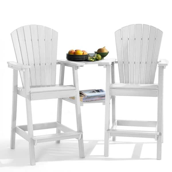 White HDPE Tall Adirondack Chair with Removable Double Connecting Trays for Deck, Balcony, Patio (2-Pack)