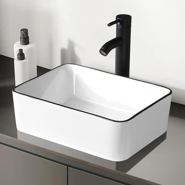 TOOLKISS 16 in. Ceramic Rectangular Vessel Sink in White with Faucet