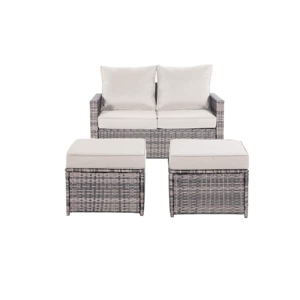 Decksplore 50 in. W x 28 in. H Outdoor Sectional Set with Ottoman and Beige Cushions