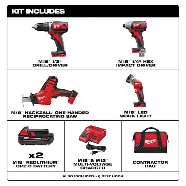 M18 18-Volt Lithium-Ion Cordless Combo Kit 4-Tool with Two 2.0 Ah  Batteries, Charger and Tool Bag