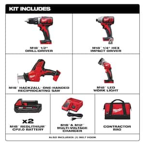 M18 18-Volt Lithium-Ion Cordless Combo Kit 4-Tool with Two 2.0 Ah Batteries, Charger and Tool Bag