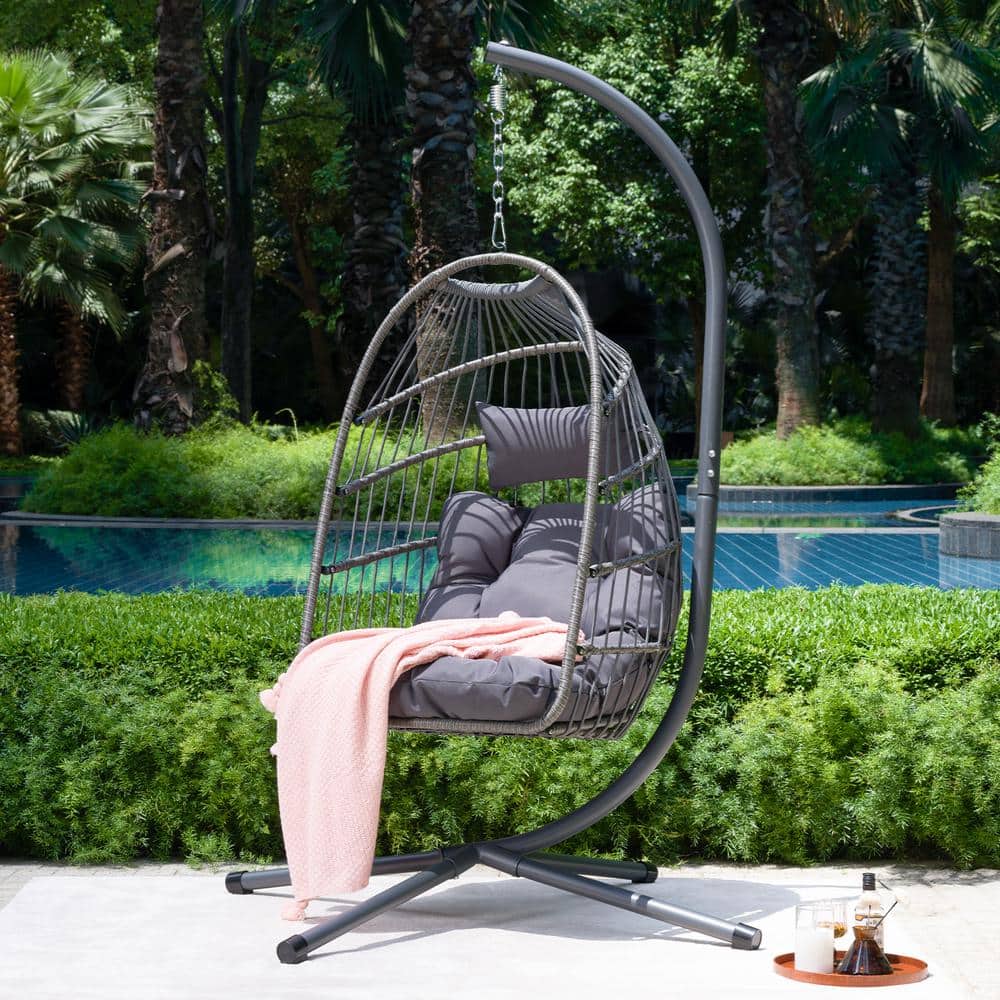 Outdoor Patio Wicker Egg Hanging Chair with Stand, Fade-Resistant Cushion a