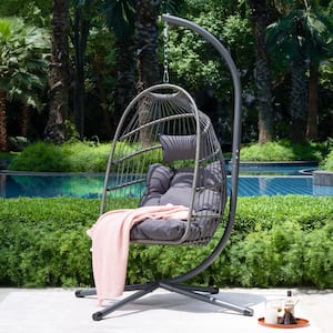 Outdoor Patio Wicker Egg Hanging Chair with Stand, Fade-Resistant Cushion and Pillow for Patios, Backyards, Porches