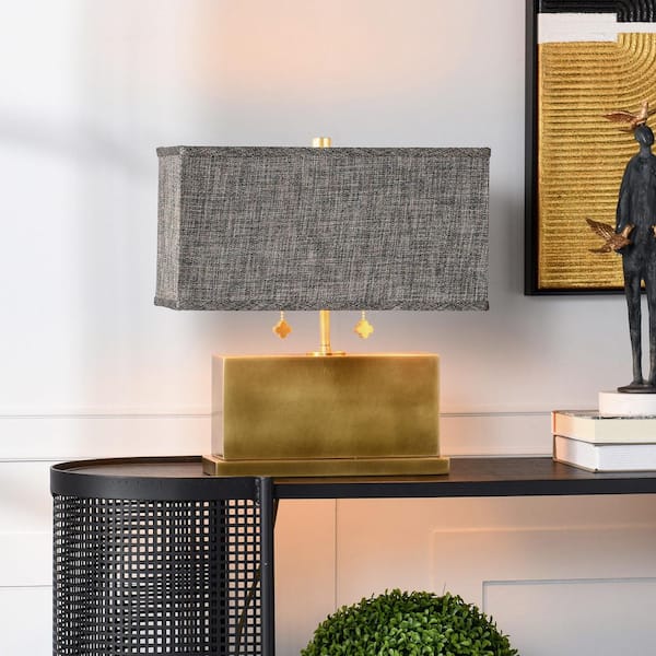 Eleanora 17 in. Polished Brass Table Lamp with Brown Linen Shade