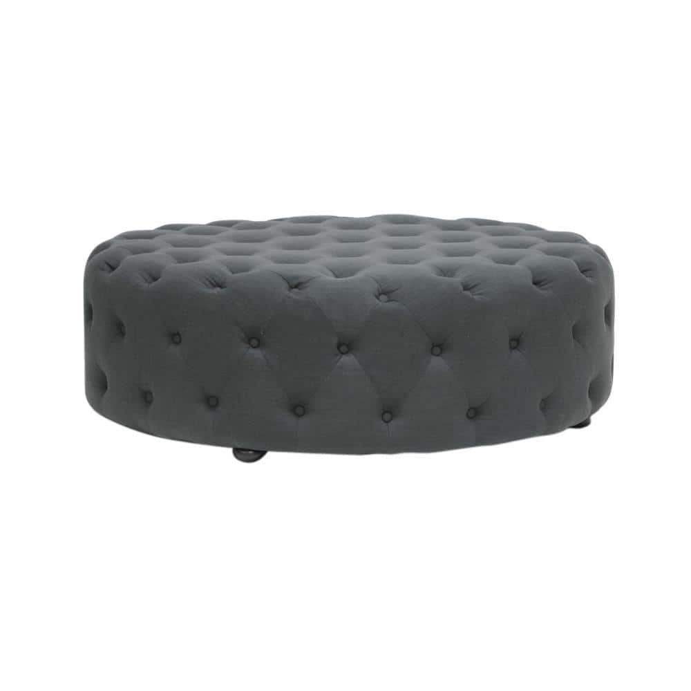 Elysian Dark Gray Linen Round Tufted Ottoman with Eucalyptus Wood