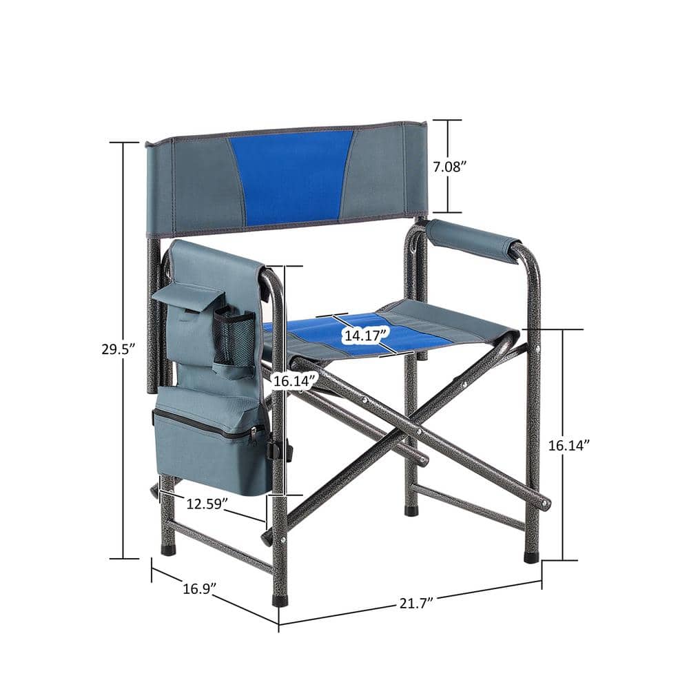 Blue and Grey Aluminum Folding Camping Chair with Storage Pockets