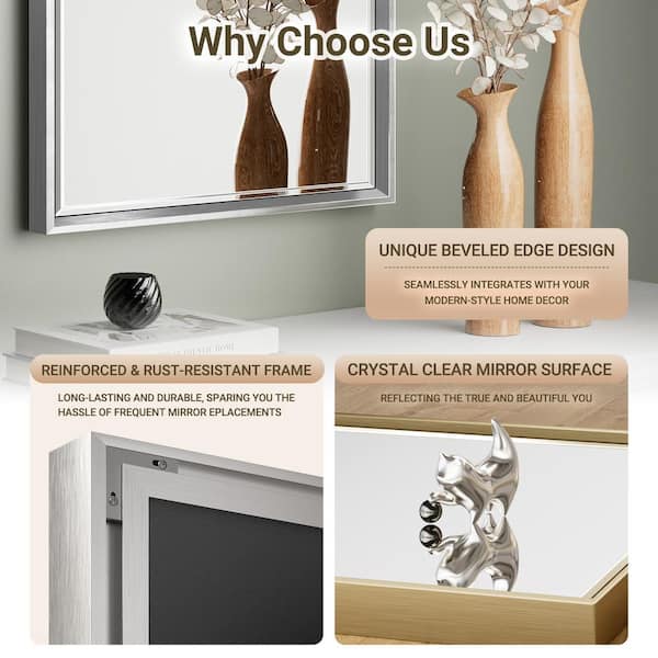 OnaBella 16 in. W x 24in. H Rectangular Aluminum Thin Framed Wall Mount Beveled Bathroom Vanity Mirror in Silver