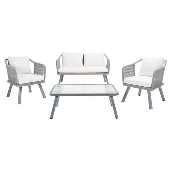 SAFAVIEH Torsla Gray 4-Piece Wicker Patio Conversation Set with Beige Cushions