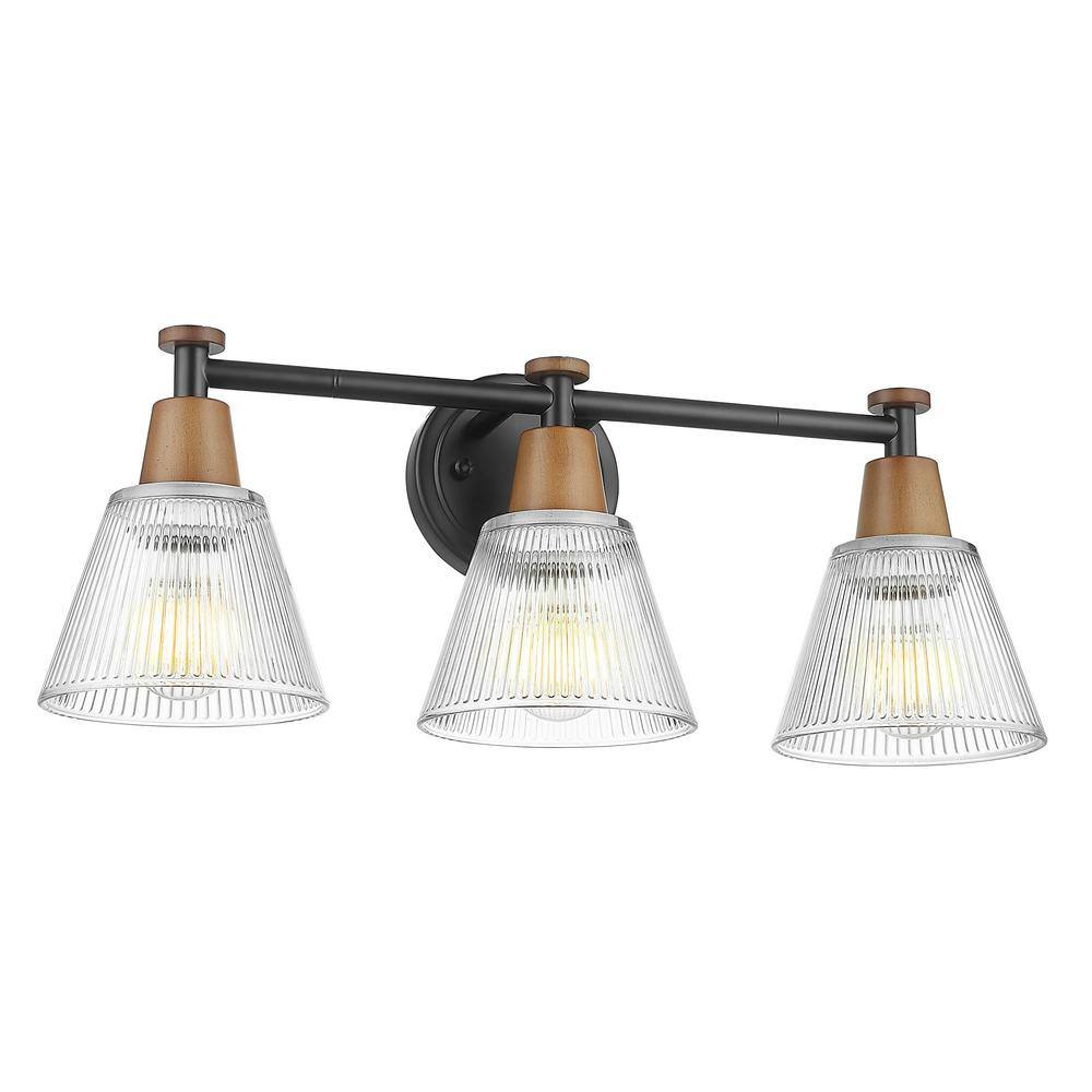 22 in. 3-Light Black Finish and Wood Grain Paint Vanity Light with Fluted Glass Shade price history on PriceWatchPro