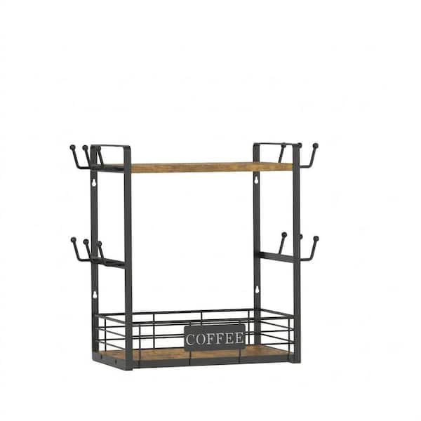 2-Tier Coffee Mug Holder Tree, Countertop Bar Station Organizer with 12 Hooks, Storage Shelf, Vintage Brown Black