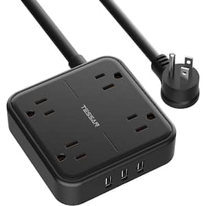 5 ft. 4 AC Outlets Flat Plug Power Strip with 3 USB Ports, Black Extension Cord Wall Mount Outlet Extender