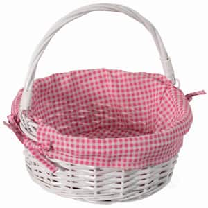 Traditional White Round Willow Gift Basket with Pink and White Gingham Liner and Sturdy Foldable Handles, Small