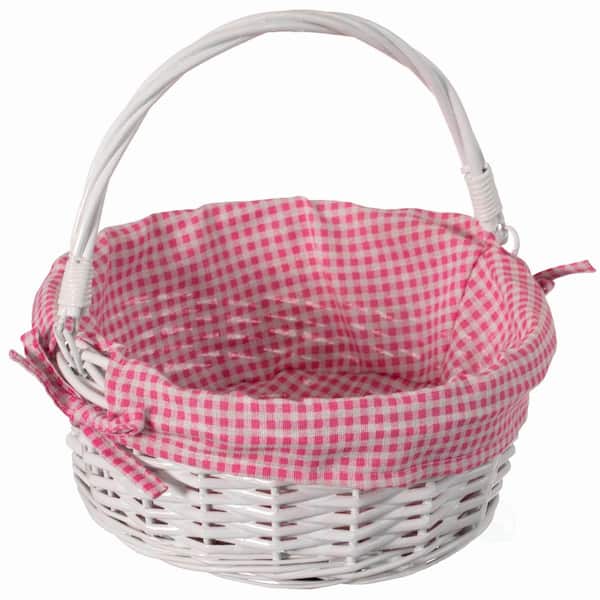 WICKERWISE Traditional White Round Willow Gift Basket with Pink and White Gingham Liner and Sturdy Foldable Handles, Small
