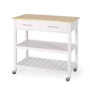 Compact White Wood Tabletop 36 in. Kitchen Island with Drawers and Open Shelf