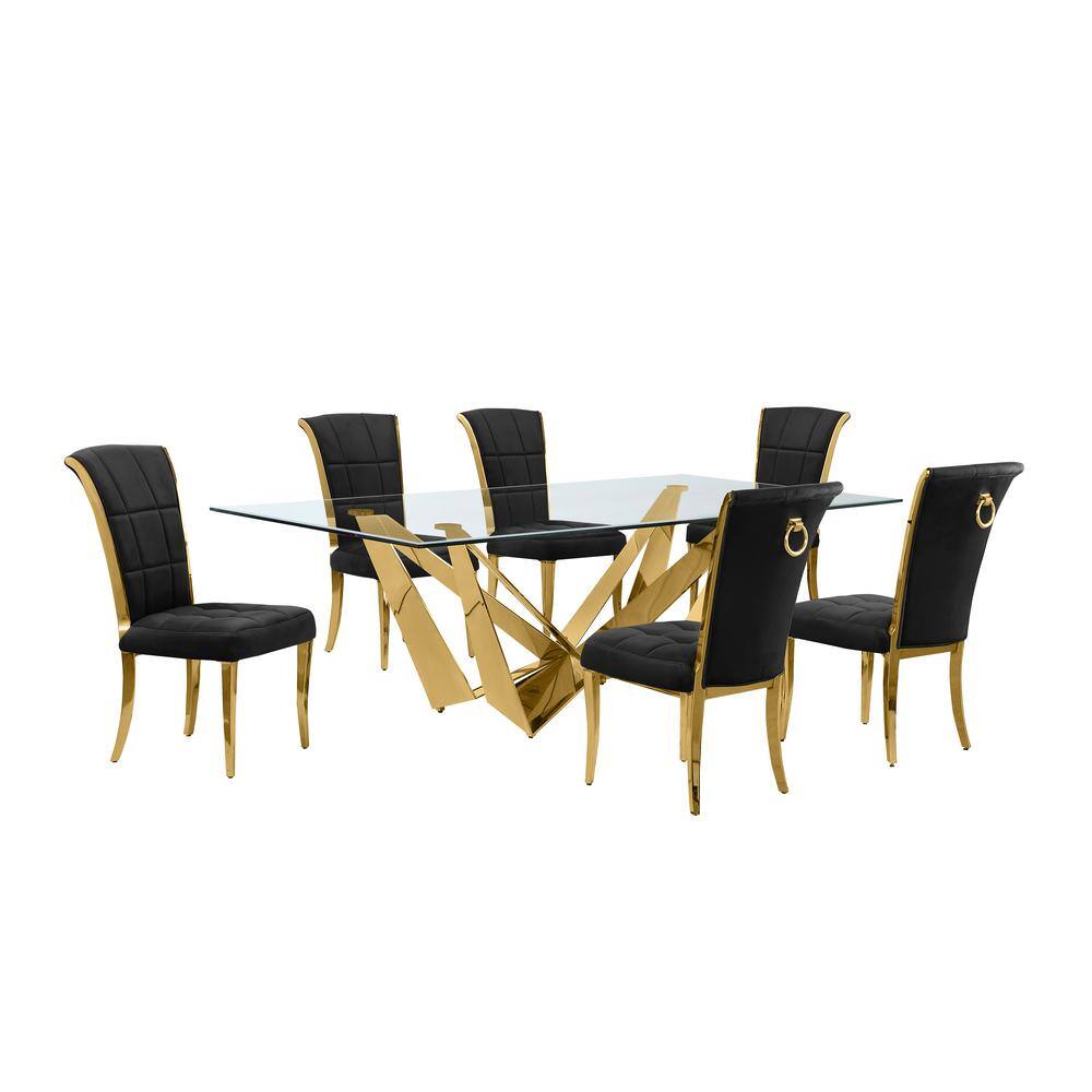 Best Quality Furniture Meryl 7Piece Rectangular Glass Top Gold Stainless Steel Base Dining Set