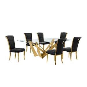 Meryl 7-Piece Rectangular Glass Top Gold Stainless Steel Base Dining Set 6 Black Velvet Gold Chrome Leg Chairs