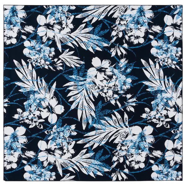 Malibu Black/Blue 6 ft. x 6 ft. Machine Washable Abstract Botanical Square Area Rug