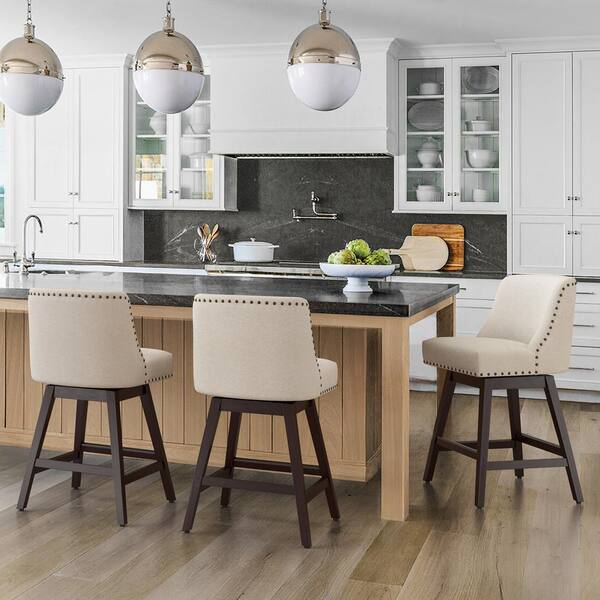 26 in. Wood 360 Free Swivel Upholstered Bar Stool with Back, Performance Fabric in Linen.