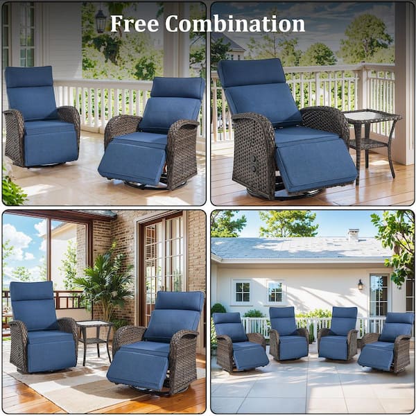 Rotavia Reclining 3-Piece Wicker Outdoor 360° Swivel Recliner, Adjustable Backrest with Blue Cushions, Side Table