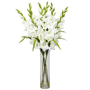 35 in. H White Large Gladiola with Cylinder Vase Silk Arrangement